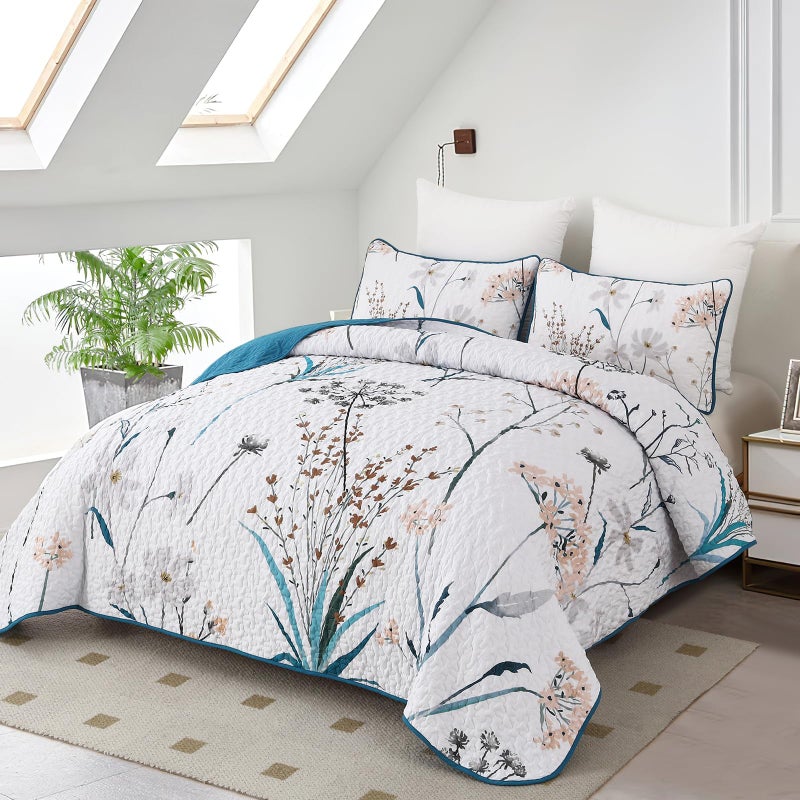 Dobuyly Teal Quilt California King Size Floral Botanical King Quilt Bedding Set 3 Pieces Soft Lightweight Microfiber Flower Bedspread Coverlet Set for All Season, 112"x96" - Image 2