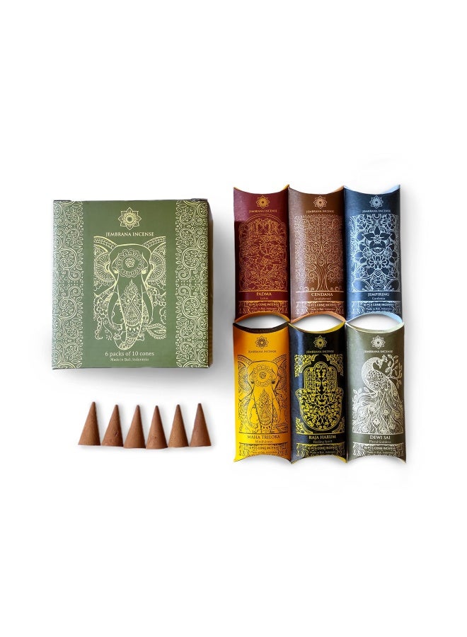Jembrana Incense Cones Mix 6 Scents 60 Cones Total 10 Cones Each Of Lotus Padma Sandalwood Gardenia Maha Triloka Raja Harum And Dewi Sai Amber Gift Sets From Bali Soap  - Image 1