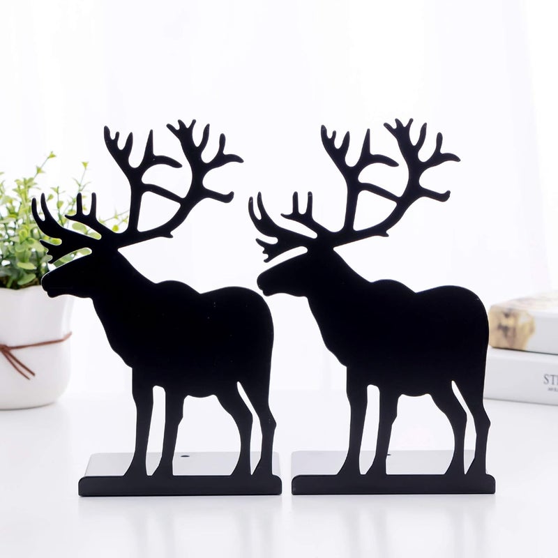 oddpod ™ Black Deer Laser-Cut Metal Bookends Organizer/Decorative Non-Skid Desktop Book Shelf for Office Decor, Book Shelf, Living Room, Library, School & Home Décor 1335 9" - Black - Image 1