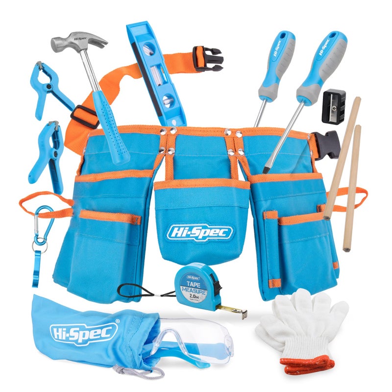 Hi-Spec 16pc Kids Tool Set with Tool Belt â€“ Real Child-Sized Tool Kit for Boys & Girls, DIY Building, Hand Tools, Woodworking, Carpentry, STEM Learning, Construction Play Set â€“ Blue - Image 1