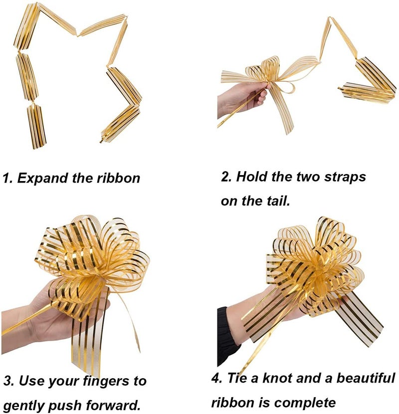 3A Featuretail 30pc Big Organza Pull Bow Flower Ribbon 2InchX35 Inch Long Tulle Tails for Gift Wrap, Wedding &Christmas Gift. 6Inchx6Inch Ready Size (Golden Color, Set of 30) - Image 2
