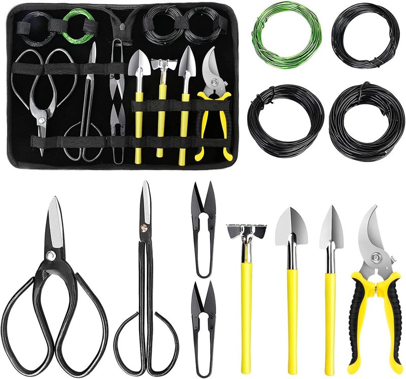 MOSFiATA Bonsai Tools Set 13 Pcs High Carbon Steel Succulent Gardening Trimming Tools Set Include Pruning Shears, Scissors, Mini Rake, Round and Pointed Shovel &Training Wire in PU Leather Bag - Image 1