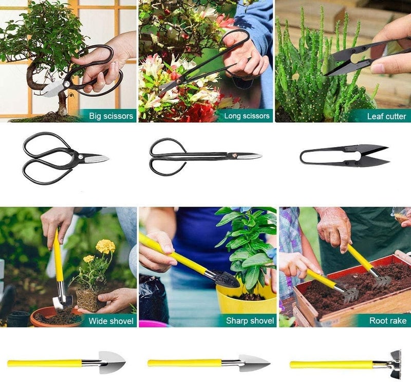 MOSFiATA Bonsai Tools Set 13 Pcs High Carbon Steel Succulent Gardening Trimming Tools Set Include Pruning Shears, Scissors, Mini Rake, Round and Pointed Shovel &Training Wire in PU Leather Bag - Image 2