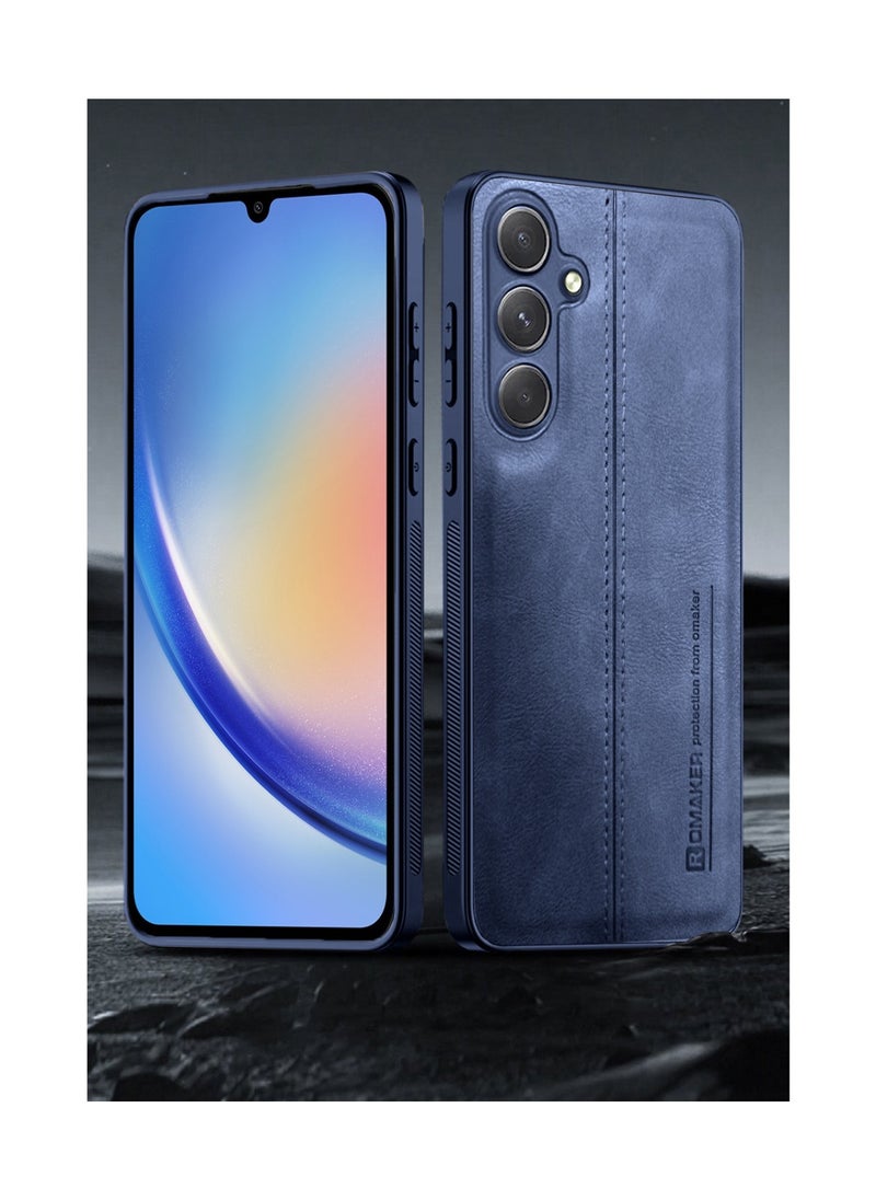 OMAKER Premium Stylish PU Leather Shockproof Back Cover Case for Samsung Galaxy A34 - Navy Blue  - Image 2