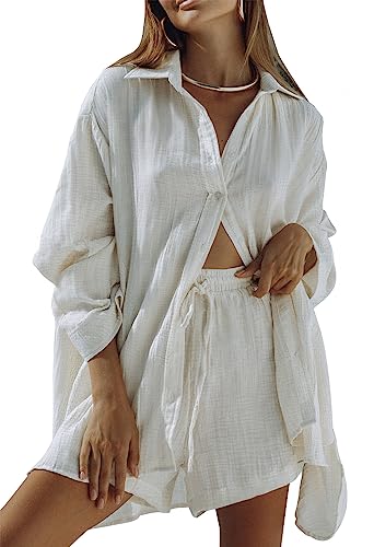 Fixmatti Women Button up Shirt Short Set 2 Piece Casual Outfit Long Sleeve Blouse High Waisted Mini Shorts White S - Image 1