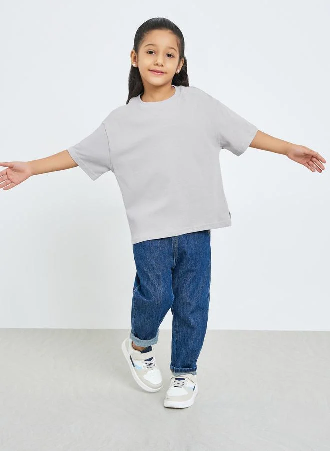 Take Two Girls Grey Cotton Graphic Print Oversized T-Shirt