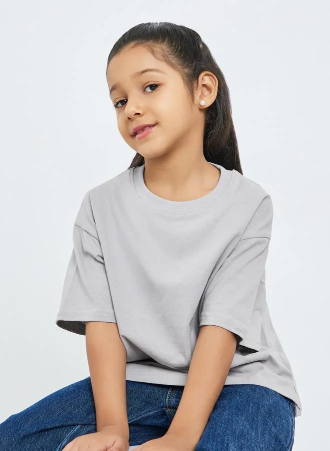 Take Two Girls Grey Cotton Graphic Print Oversized T-Shirt