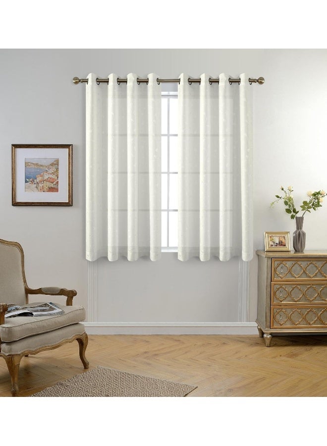 MIUCO Floral Embroidery Semi Sheer Curtains Faux Linen Grommet Curtains for Bedroom 52 x 63 Inch 2 Panels Off White - Image 3