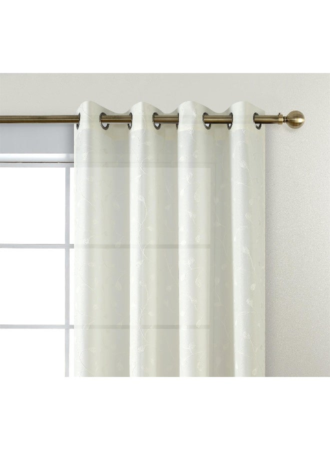 MIUCO Floral Embroidery Semi Sheer Curtains Faux Linen Grommet Curtains for Bedroom 52 x 63 Inch 2 Panels Off White - Image 2