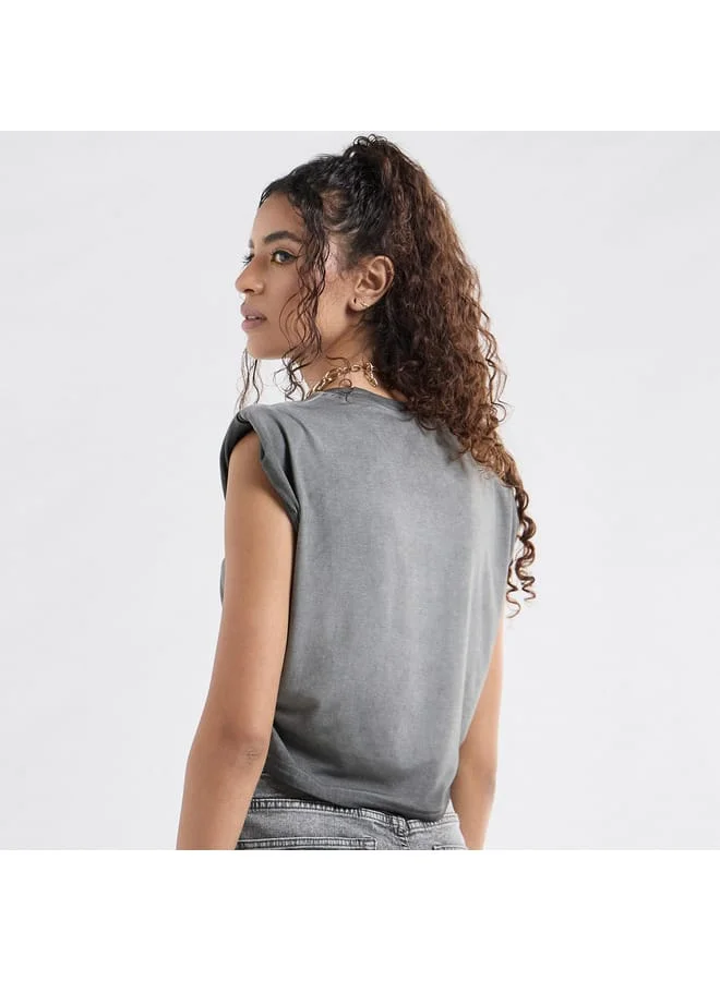 Splash FAV Printed Sleeveless T-shirt with Ruched Detail