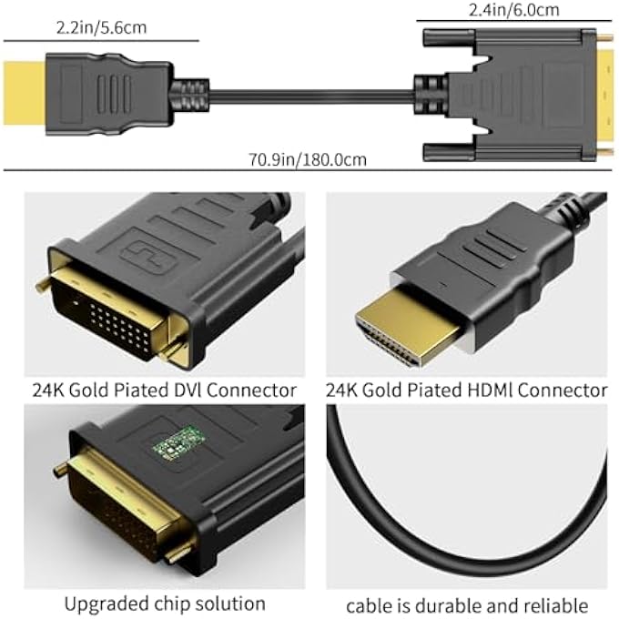 rayihni HDMI TO DVI CABLE 4K 1.8M, BIDIRECTIONAL DVI-D 24+1 TO HDMI ADAPTER HIGH SPEED ADAPTER CABLE ON D-VI TO H-DMI, SUPPORT 1080P FULL HD FOR PROJECTOR, LAPTOP, TV, PC, DVD PLAYER, BLACK - Image 2