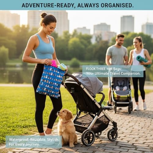 FLOCK THREE Washable and Reusable Wet Bag Diaper Bag Water Resistant Swimming Bag Travel Toiletries Pouch Cute Dog Print Zippered 12.6'' x 16.5'' - Image 4