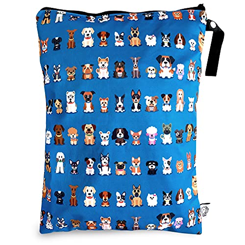 FLOCK THREE Washable and Reusable Wet Bag Diaper Bag Water Resistant Swimming Bag Travel Toiletries Pouch Cute Dog Print Zippered 12.6'' x 16.5'' - Image 1