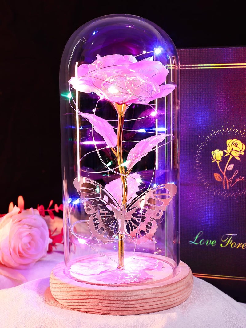 Beferr Beferr Gifts for Women Mom Birthday Gifts Galaxy Rose Eternal Colorful Rainbow Flower Gifts Light Up Rose in Glass Dome Mothers Day Rose Gifts for Grandma Daughter Wife Sister Friends Pink - Image 1