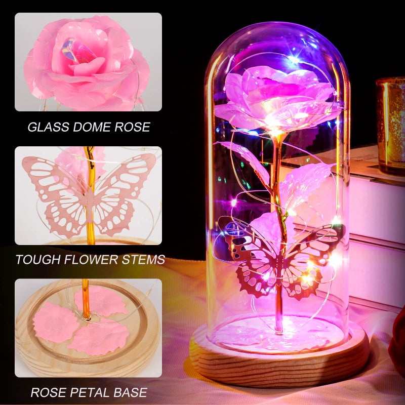 Beferr Beferr Gifts for Women Mom Birthday Gifts Galaxy Rose Eternal Colorful Rainbow Flower Gifts Light Up Rose in Glass Dome Mothers Day Rose Gifts for Grandma Daughter Wife Sister Friends Pink - Image 3