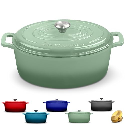 ROSSALLINI Signature Enameled Cast Iron Oval Dutch Oven | Non-Stick Serving Pot with Tight Fitting Lid for Perfect Roasting, Baking, Sauteing, and Bread Making | 8Q [Sage] - Image 1