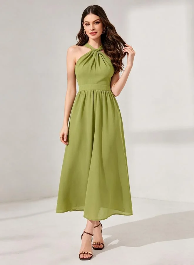 تايك تو Green Halter Neck Sleeveless A-Line Midi Dress
