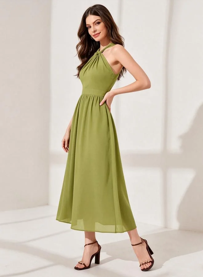 تايك تو Green Halter Neck Sleeveless A-Line Midi Dress