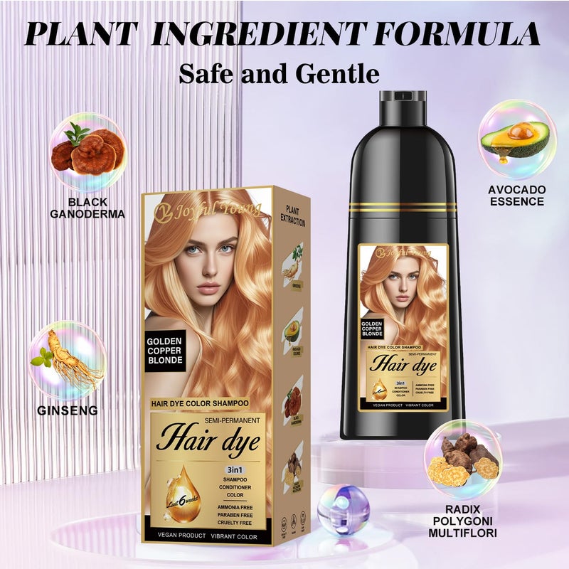 Joyful Young Hair Dye Shampoo 3-in-1, Golden Copper Blonde Semi-Permanent Gray Hair Coverage, Color Depositing Shampoo for Women & Men, Vegan, Ammonia-Free - Image 2