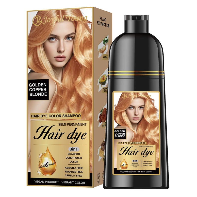 Joyful Young Hair Dye Shampoo 3-in-1, Golden Copper Blonde Semi-Permanent Gray Hair Coverage, Color Depositing Shampoo for Women & Men, Vegan, Ammonia-Free - Image 1