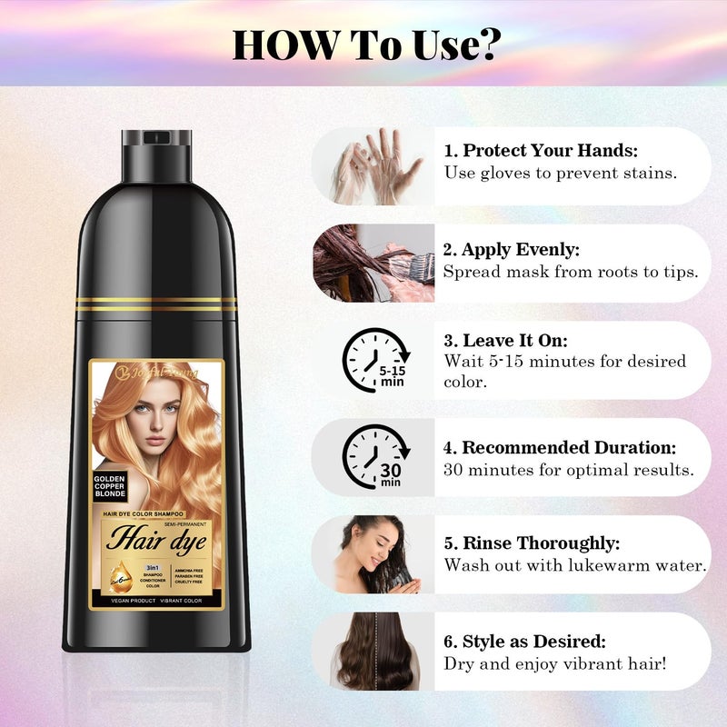 Joyful Young Hair Dye Shampoo 3-in-1, Golden Copper Blonde Semi-Permanent Gray Hair Coverage, Color Depositing Shampoo for Women & Men, Vegan, Ammonia-Free - Image 4