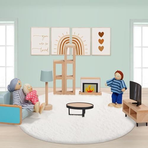 Giant bean 36pcs Wooden Dollhouse Furniture Set 5 Rooms 4 Family Dolls, Wood and Plastic Blue Dollhouse Accessories, Pretend Play Furniture Toys Christmas Birthday Gift for Boys Girls Kids Toddlers 3+ - Image 2