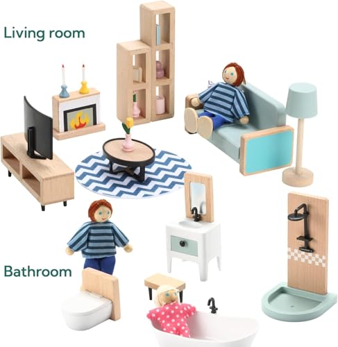 Giant bean 36pcs Wooden Dollhouse Furniture Set 5 Rooms 4 Family Dolls, Wood and Plastic Blue Dollhouse Accessories, Pretend Play Furniture Toys Christmas Birthday Gift for Boys Girls Kids Toddlers 3+ - Image 4