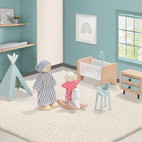 Giant bean 36pcs Wooden Dollhouse Furniture Set 5 Rooms 4 Family Dolls, Wood and Plastic Blue Dollhouse Accessories, Pretend Play Furniture Toys Christmas Birthday Gift for Boys Girls Kids Toddlers 3+ - Image 3