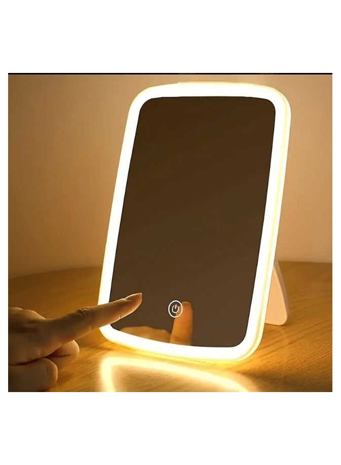 فيجن مرآة مكياج باضاءة ليد مع حساس اللمس، 3 أوضاع إضاءة بألوان مختلفة - أبيض، طبيعي ودافئ، سطوع قابل للتعديل، مرآة تجميل قابلة للطي محمولة على الطاولة مع شحن يو اس بي ، بطارية ليثيوم قابلة لإعادة الشحن ابيض - Image 1