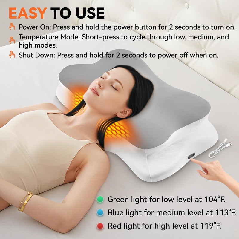 Silkena Heated Cervical Pillow for Neck Pain Relief, Ergonomic Contour Orthopedic Memory Foam Pillow for Neck Support, USB Heating with Adjustable Temp Settings - Image 4