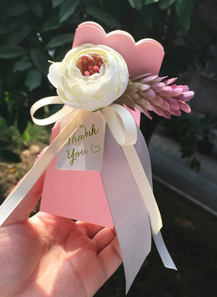 Y&D Favor Boxes, 20Pcs DIY Wedding Favors Candy Boxes with Ribbon and Flower for Wedding, Birthday Party, Engagement, Bridal Shower Princess Pink - Image 5