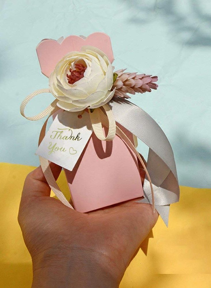Y&D Favor Boxes, 20Pcs DIY Wedding Favors Candy Boxes with Ribbon and Flower for Wedding, Birthday Party, Engagement, Bridal Shower Princess Pink - Image 4