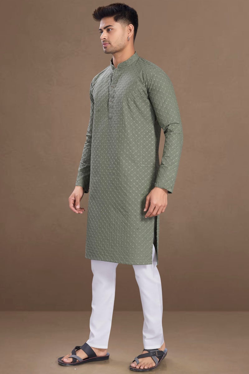DIVISIVE Men's Thread Embroidered Cotton Only Slim Fit Kurta (DKRT1072_M_Olive) - Image 5