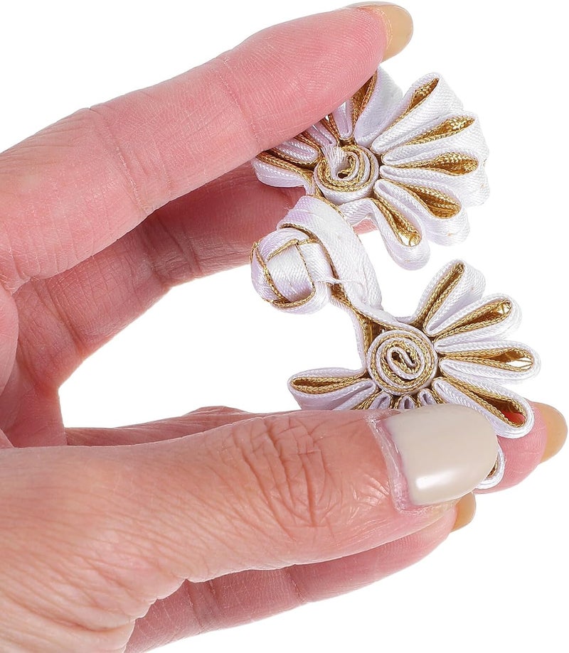 10pcs Chinese Knot Frog Buttons Closure Set, White and Gold Decorative Toggle Fasteners for Cheongsam Sewing, Traditional Sewing Buttons for Clothing Accessories and DIY Craft - Image 4