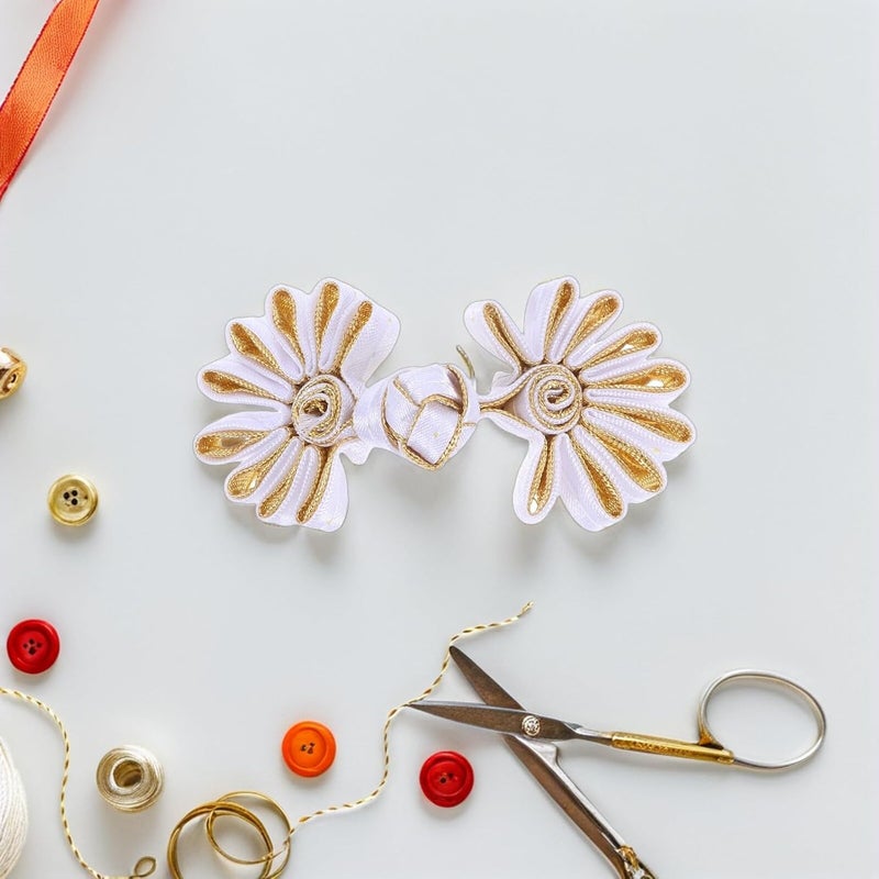 10pcs Chinese Knot Frog Buttons Closure Set, White and Gold Decorative Toggle Fasteners for Cheongsam Sewing, Traditional Sewing Buttons for Clothing Accessories and DIY Craft - Image 5