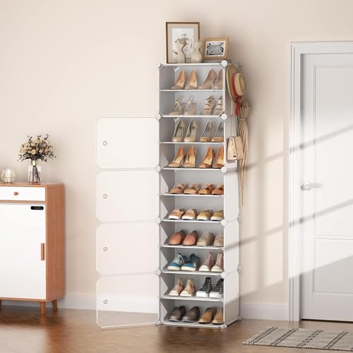 Oumffy 10 Shelf DIY Shoe Rack Box Organizer | Multi-Purpose Plastic Shoe Rack for Home | Home Storage Rack with Door for Entryway, Chappal | EMAIL DELIVERY in 24 HRS - Clean (White, 10-SHELF-5-DOOR) - Image 1