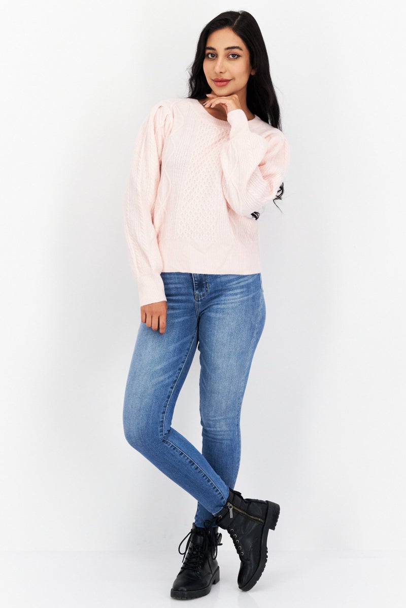 1 State Women Crew Neck Long Sleeve Sweater, Pink - Image 4