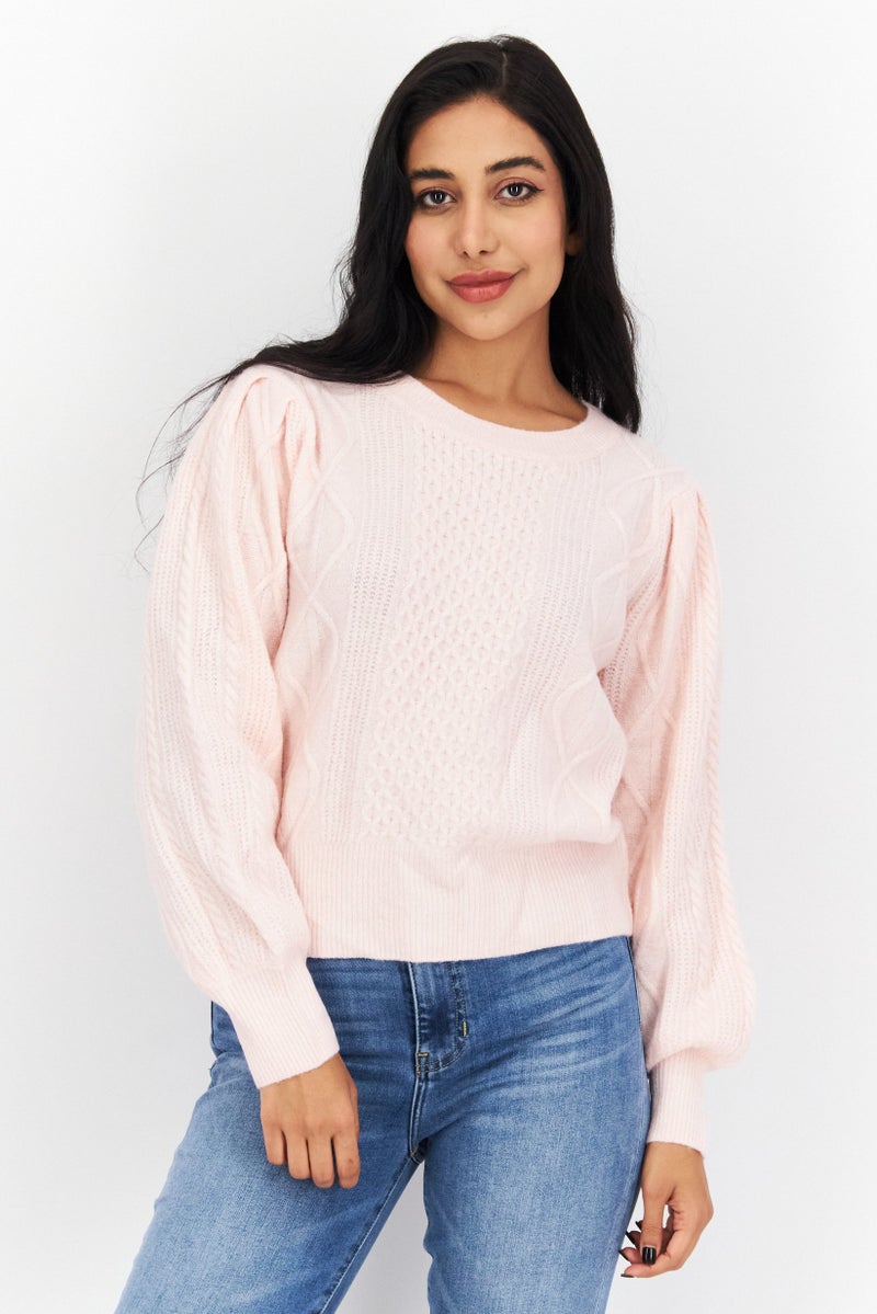 1 State Women Crew Neck Long Sleeve Sweater, Pink - Image 1