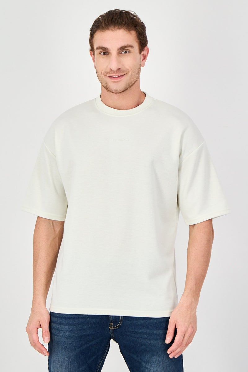 Core Elements Men Crew Neck Short Sleeve Brand Logo T-Shirt, Cream - Image 1