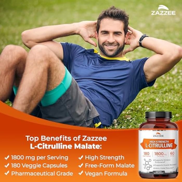 Zazzee High Strength L-Citrulline, 1800 mg per Serving, 180 Vegan Capsules, 60 Day Supply, 100% Vegetarian, Made in the USA, All-Natural, Non-GMO, Nitric Oxide Booster, Nitric Oxide Supplement for Men - Image 3