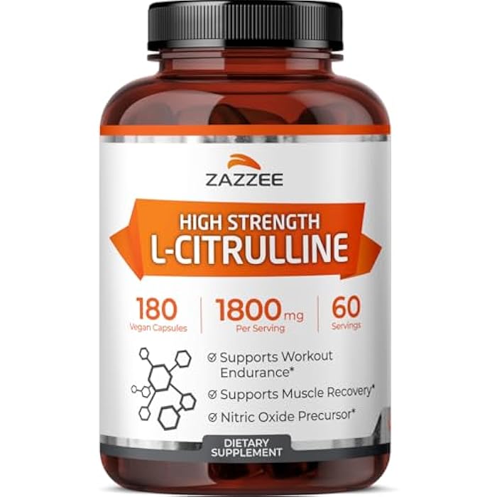 Zazzee High Strength L-Citrulline, 1800 mg per Serving, 180 Vegan Capsules, 60 Day Supply, 100% Vegetarian, Made in the USA, All-Natural, Non-GMO, Nitric Oxide Booster, Nitric Oxide Supplement for Men - Image 1