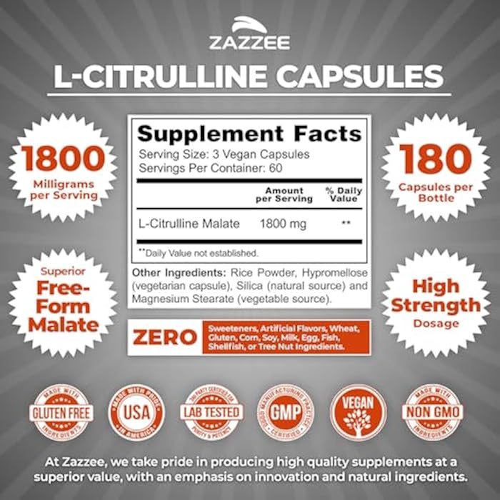 Zazzee High Strength L-Citrulline, 1800 mg per Serving, 180 Vegan Capsules, 60 Day Supply, 100% Vegetarian, Made in the USA, All-Natural, Non-GMO, Nitric Oxide Booster, Nitric Oxide Supplement for Men - Image 2