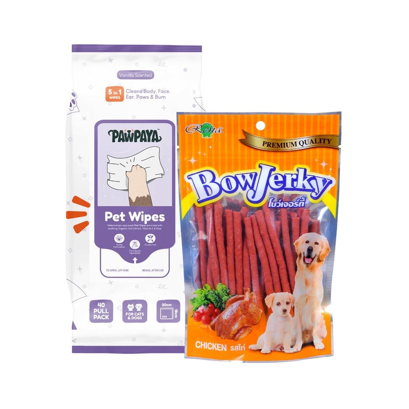 Rena Combo of Pawpaya 5 in 1 Multipurpose 40 Pull Pack Plant-Based Pet Cleaning Wipes and 1 Pack of Bow Jerky Chicken Stick Dog Treat 100% Pure Cage-Free Chicken Perfect for Training Reward - Image 1