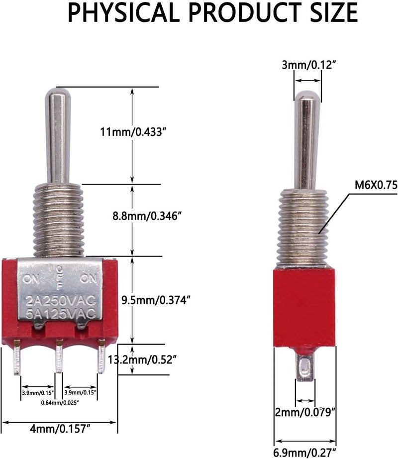 Twidec /10Pcs Mini Toggle Switch SPST 2 Position 2 Pins ON/Off AC 125V 5A Car Boat Switches with Waterproof Cap MTS-101MZ - Image 4