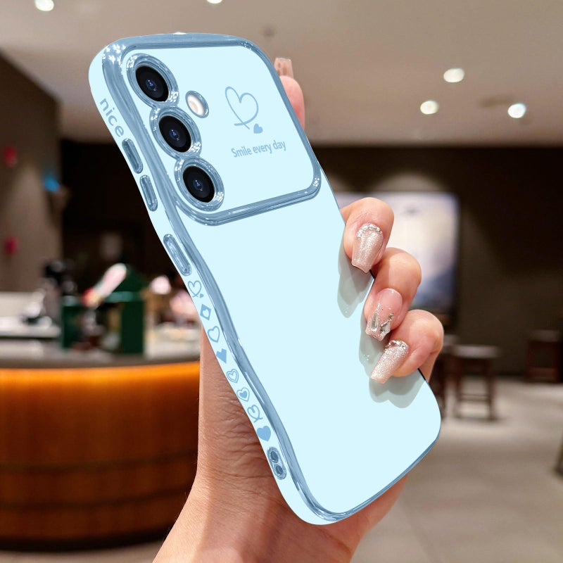 LCHULLE for Samsung Galaxy S25 Case for Women Girls, Cute Wave Frame Curly Shape with Love Heart Raised Camera Protection Cover Luxury Plating Shockproof Phone Case for Galaxy S25 5G, Baby Blue - Image 2