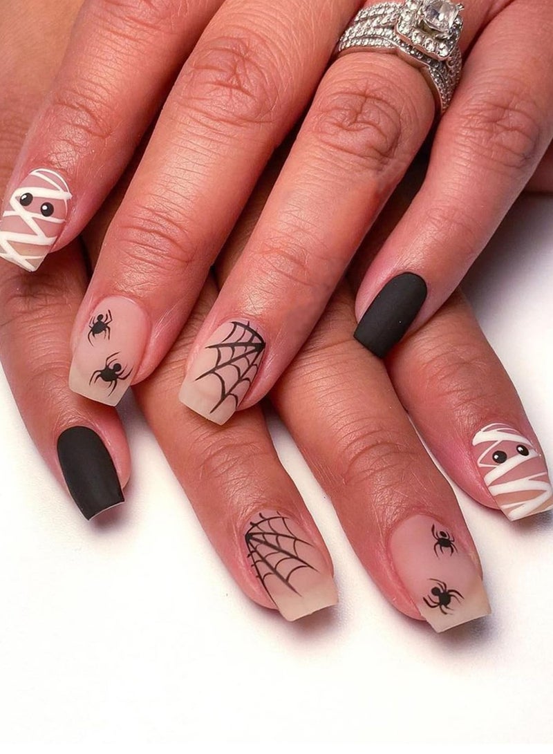 general 24Pcs Artificial Nail Art Set Wine Black Short Square Fake Nails Kit - Image 1
