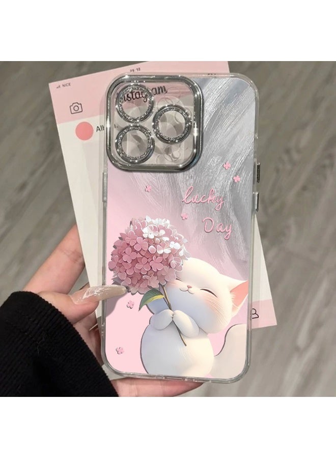 جراب ريش باقة القط اللطيف لهاتف iPhone 16 Pro Max - غطاء خلفي ناعم من مادة TPU ، تصميم زهور حالمة ، مقاوم للصدمات ، مضاد للخدش - Image 5