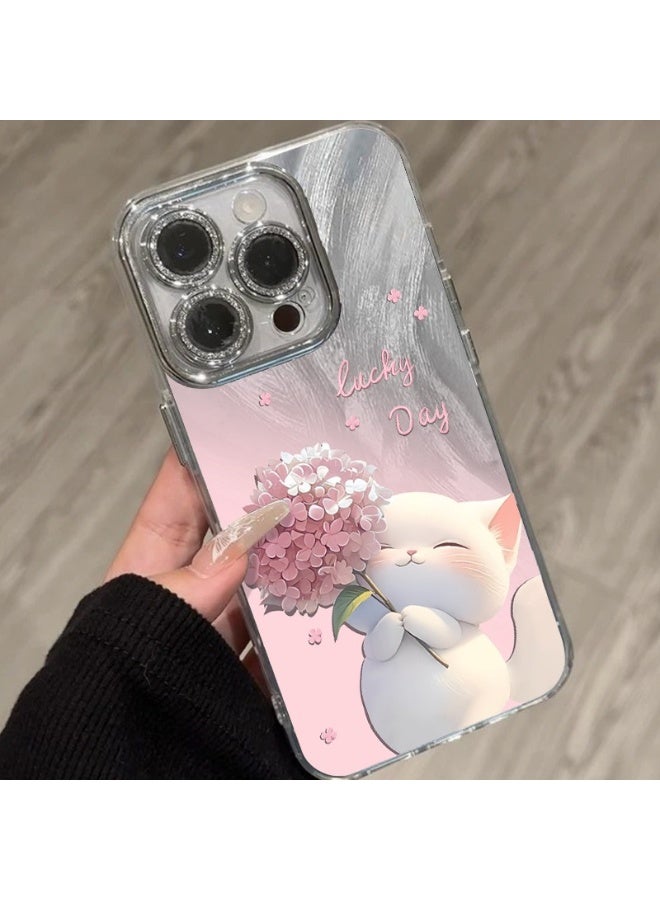 جراب ريش باقة القط اللطيف لهاتف iPhone 16 Pro Max - غطاء خلفي ناعم من مادة TPU ، تصميم زهور حالمة ، مقاوم للصدمات ، مضاد للخدش - Image 2