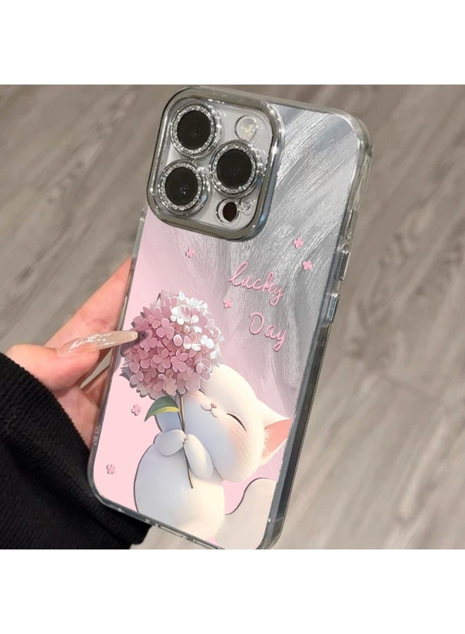 جراب ريش باقة القط اللطيف لهاتف iPhone 16 Pro Max - غطاء خلفي ناعم من مادة TPU ، تصميم زهور حالمة ، مقاوم للصدمات ، مضاد للخدش - Image 4