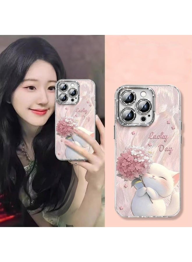 جراب ريش باقة القط اللطيف لهاتف iPhone 16 Pro Max - غطاء خلفي ناعم من مادة TPU ، تصميم زهور حالمة ، مقاوم للصدمات ، مضاد للخدش - Image 1